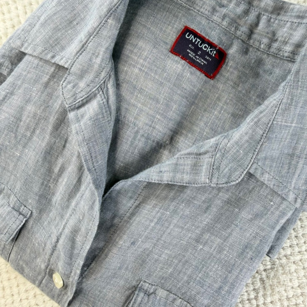 UNTUCKit Eventide Blue 100% Linen Button Down Shirt Womens Size 2 UT-14-33036